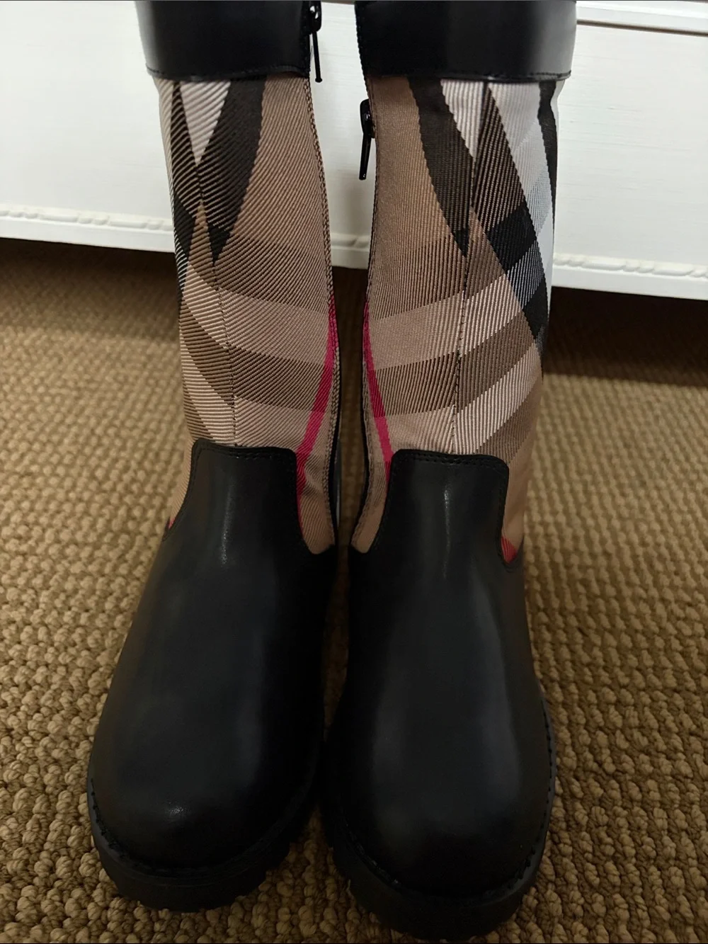 Kids Black and Tan Plaid Rain Boots